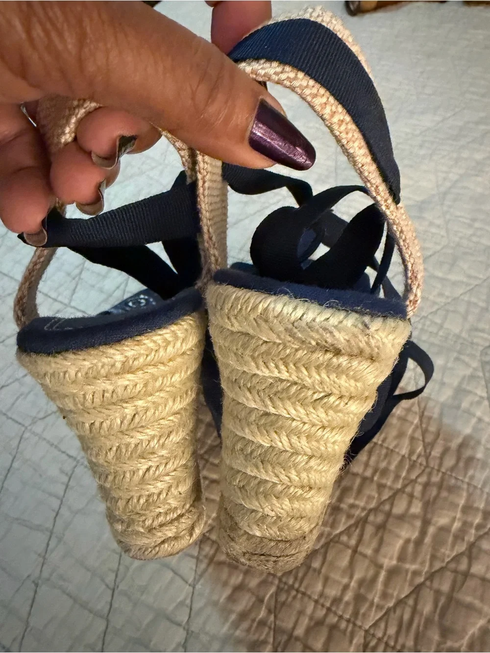Unisa Navy Patterned Espadrille Wedge Sandals with Ribbon Ankle Tie Sz 9